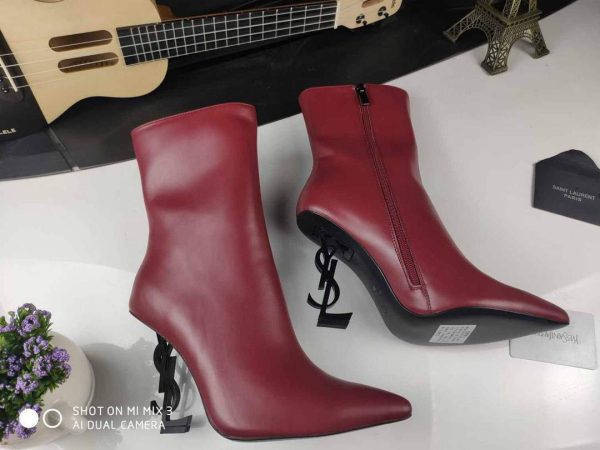 Yves Saint Laurent Opyum Ankle Boots Leather 5637530 Wine Red with Black Heel - luxibagsmall