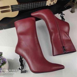 Yves Saint Laurent Opyum Ankle Boots Leather 5637530 Wine Red with Black Heel - luxibagsmall