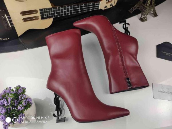 Yves Saint Laurent Opyum Ankle Boots Leather 5637530 Wine Red with Black Heel - luxibagsmall