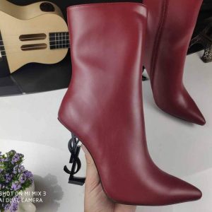 Yves Saint Laurent Opyum Ankle Boots Leather 5637530 Wine Red with Black Heel - luxibagsmall