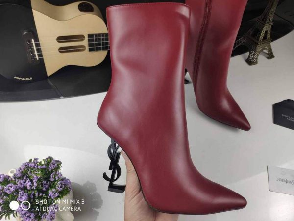 Yves Saint Laurent Opyum Ankle Boots Leather 5637530 Wine Red with Black Heel - luxibagsmall