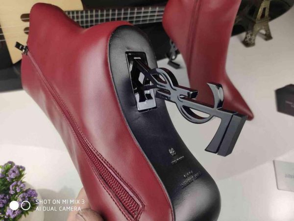 Yves Saint Laurent Opyum Ankle Boots Leather 5637530 Wine Red with Black Heel - luxibagsmall