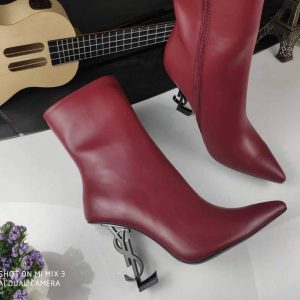 Yves Saint Laurent Opyum Ankle Boots Leather 5637530 Wine Red with Black Heel - luxibagsmall