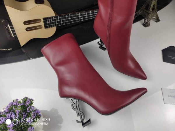 Yves Saint Laurent Opyum Ankle Boots Leather 5637530 Wine Red with Black Heel - luxibagsmall