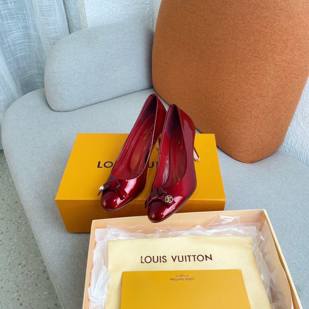 LV Loafers Designer Louis Vuitton Round Toe High Heels 81098 Wine Red - luxibagsmall