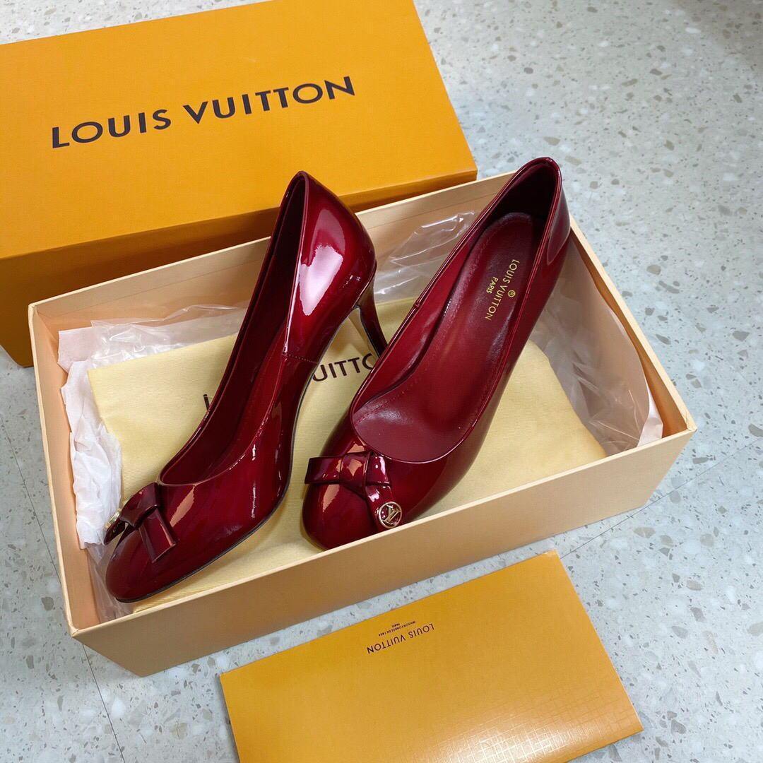 LV Loafers Designer Louis Vuitton Round Toe High Heels 81098 Wine Red - luxibagsmall