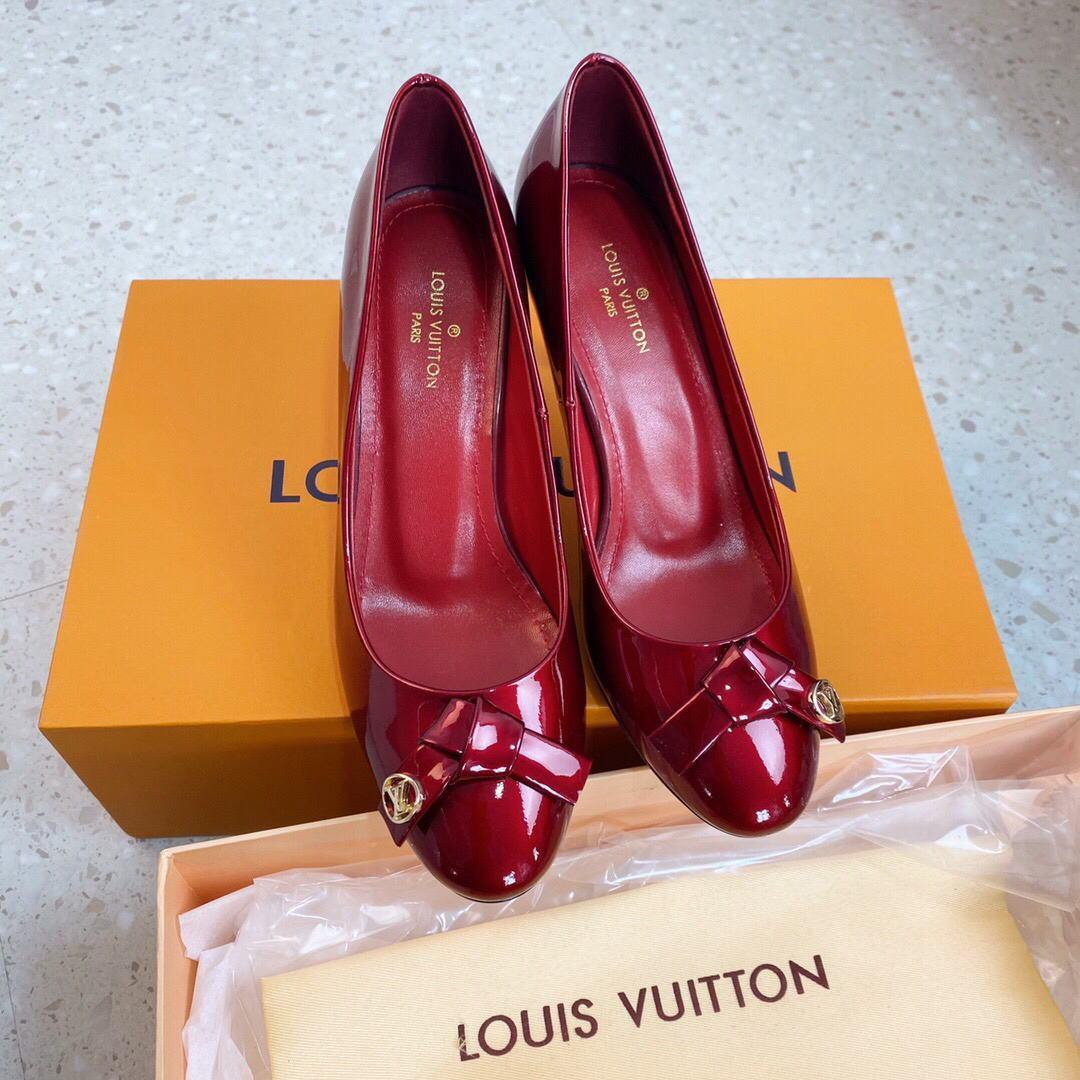 LV Loafers Designer Louis Vuitton Round Toe High Heels 81098 Wine Red - luxibagsmall