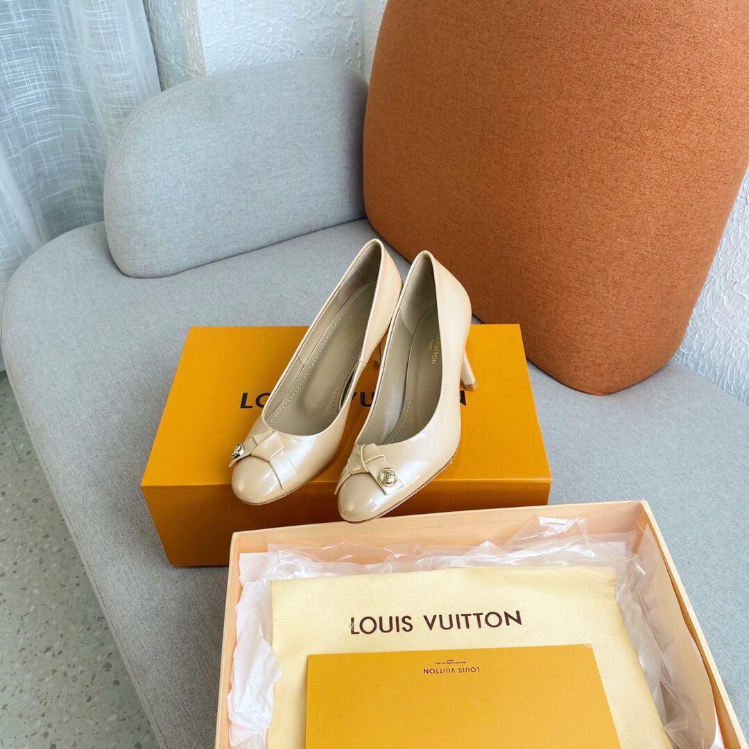 LV Loafers Designer Louis Vuitton Round Toe High Heels 81098 Nude - luxibagsmall