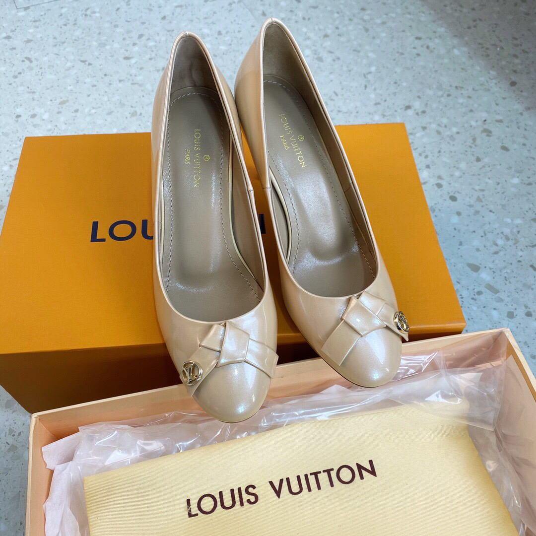 LV Loafers Designer Louis Vuitton Round Toe High Heels 81098 Nude - luxibagsmall