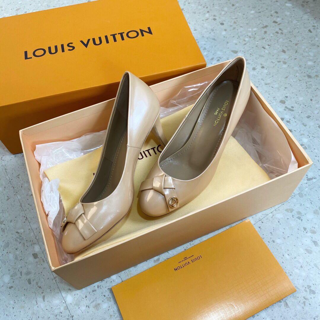 LV Loafers Designer Louis Vuitton Round Toe High Heels 81098 Nude - luxibagsmall