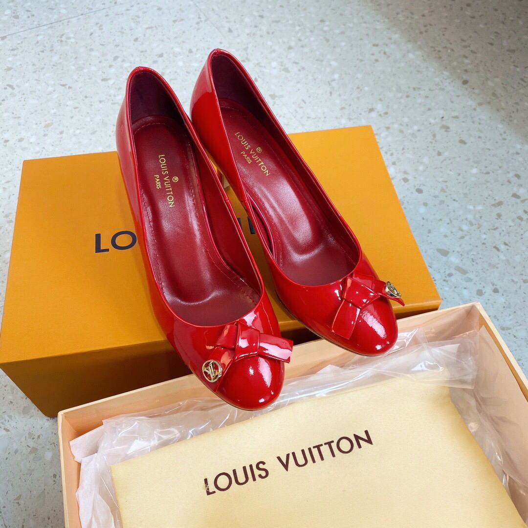 LV Loafers Designer Louis Vuitton Round Toe High Heels 81098 Red - luxibagsmall