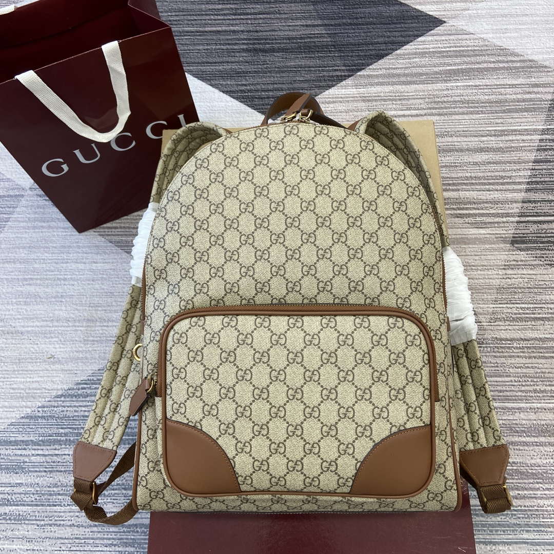 Gucci 821159 GG Emblem Medium Backpack Beige and dark brown