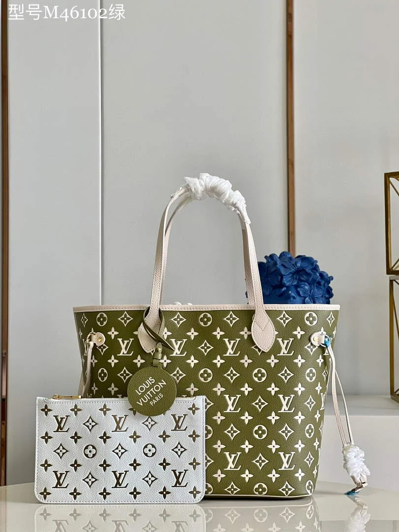 Louis Vuitton M46102 LV M46103 Neverfull MM Tote Bag kaki white