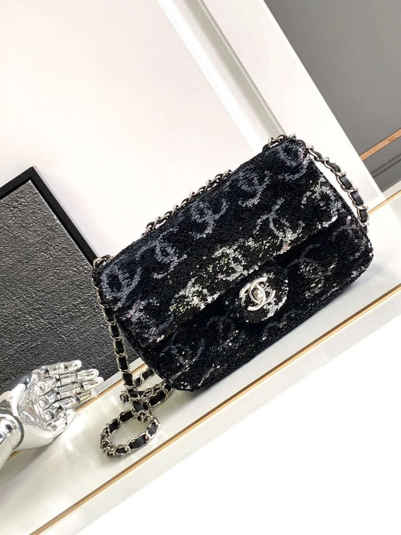 Chanel A09888 25C Evening Black & white sequin mini AS4561  limited edition Lambskin